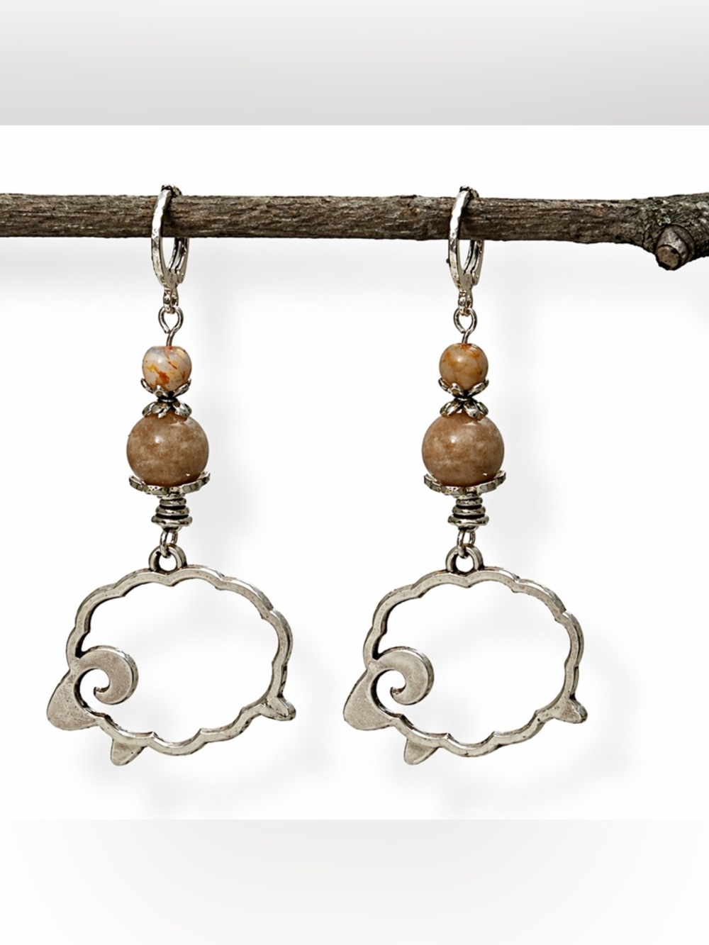 Artisan Sheep Earrings, Glass Bead Dangle, Antique Silver Boho Statement